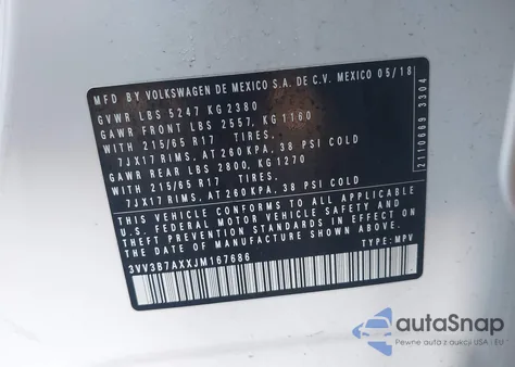 2018 Volkswagen Tiguan 2.0T Se/2.0T Sel z USA, uszkodzony, nr VIN 3VV3B7AXXJM167686